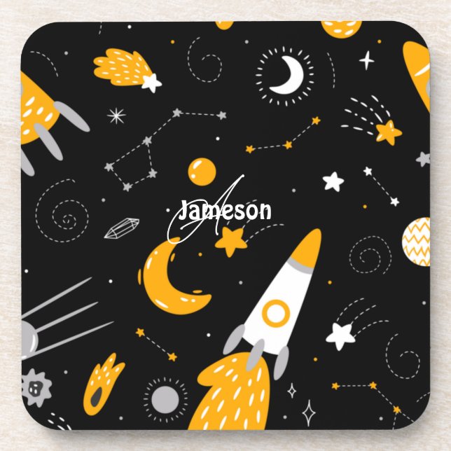 Black and Yellow Stars, Moon Outer Space Rocket Coaster (Front)