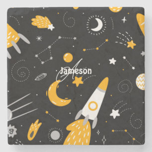 Black and Yellow Stars, Moon Outer Space Rocket  Stone Coaster