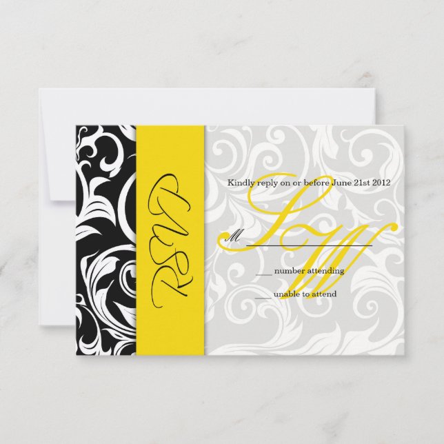 Black and Yellow Swirl Wedding RSVP (Front)