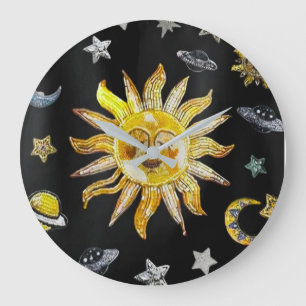 Black and Yellow Vintage Celestial Sun Moon Stars Large Clock