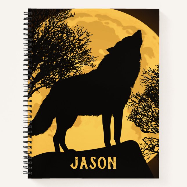 Black and Yellow Wolf Full Moon Spiral Notebook (Front)