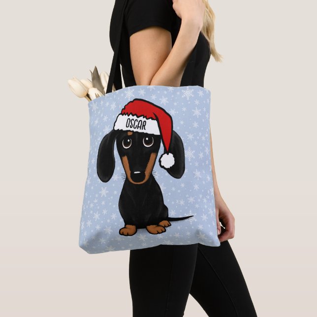 Black andTan Santa Dachshund Cute Dog Christmas Tote Bag (Close Up)