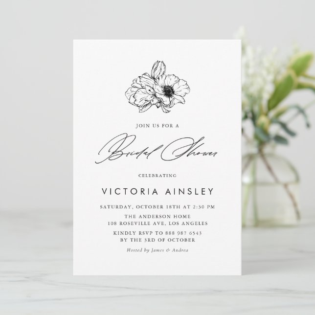 Black Anemone Modern Floral Bridal Shower Invitation (Standing Front)