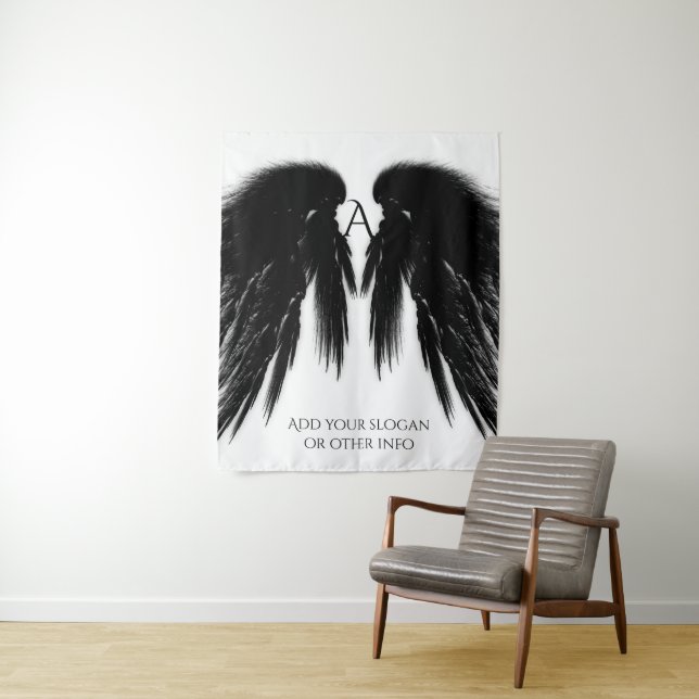 BLACK ANGEL WINGS Monogram Vertical Tapestry (In Situ)