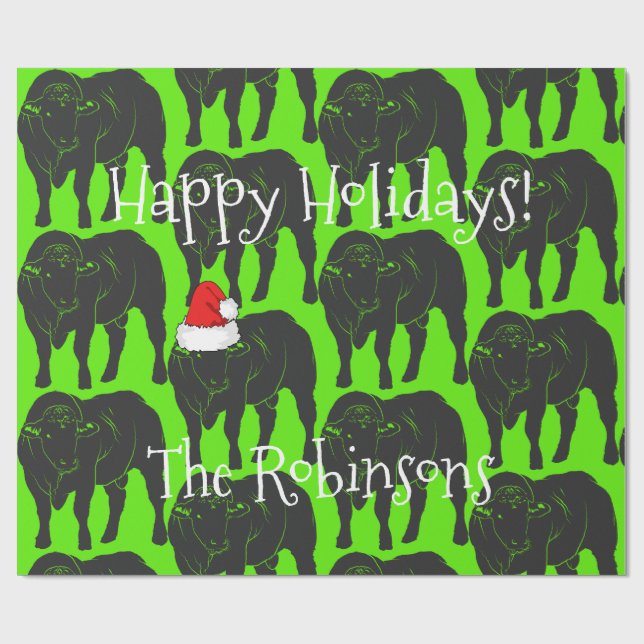 Black Angus Bulls & Red Santa Hat Christmas Wrapping Paper (Flat)