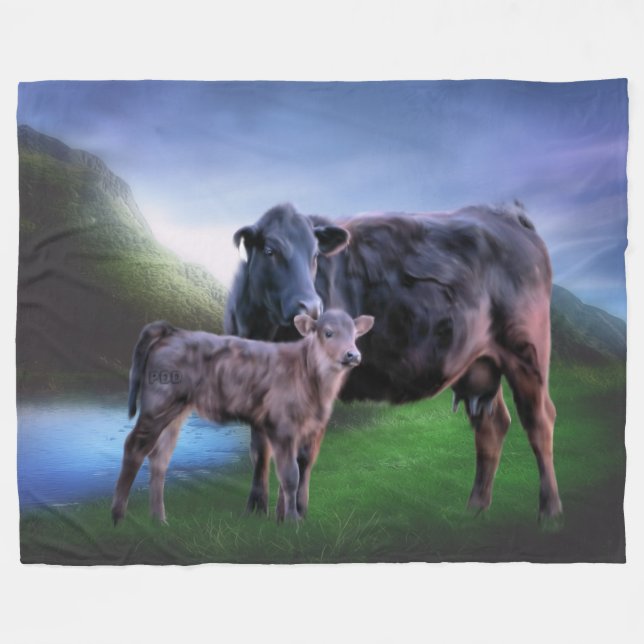 Black Angus Cow and Calf Fleece Blanket (Front (Horizontal))