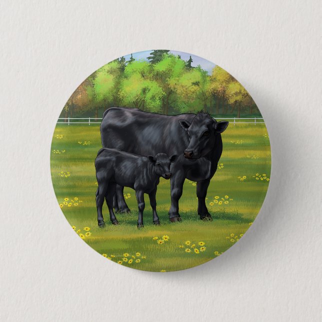 Black Angus Cow & Cute Calf in Summer Pasture 6 Cm Round Badge (Front)