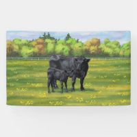 Black Angus Cow & Cute Calf in Summer Pasture