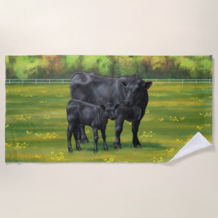 Black Angus Cow & Cute Calf in Summer Pasture Beach Towel