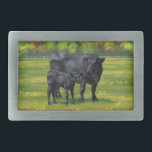 Black Angus Cow & Cute Calf in Summer Pasture Belt Buckle<br><div class="desc">The Black Angus is a Scottish breed of beef cattle that originated from cattle breeds native to Aberdeen, Banff, Kincardine, and Angus in north-eastern Scotland. Their colour is always solid black, and they do not have horns. It is a small, stocky breed that is popular for its ruggedness and high...</div>