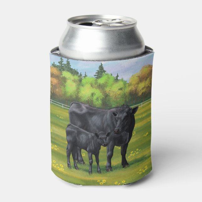 Black Angus Cow & Cute Calf in Summer Pasture Can Cooler (Can Front)