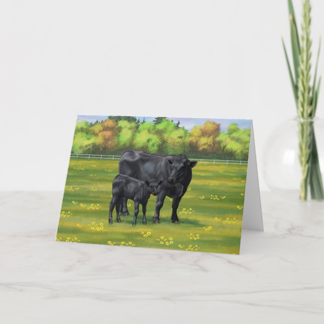 Black Angus Cow & Cute Calf in Summer Pasture Card (Front)