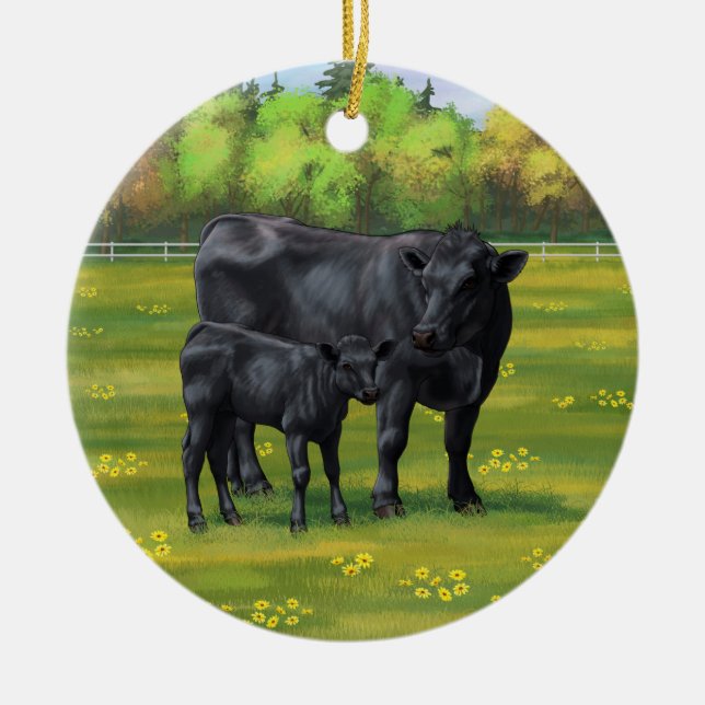 Black Angus Cow & Cute Calf in Summer Pasture Ceramic Ornament (Front)
