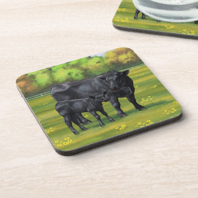 Black Angus Cow & Cute Calf in Summer Pasture Coaster (Left Side)