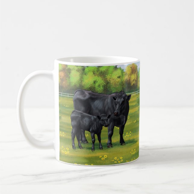 Black Angus Cow & Cute Calf in Summer Pasture Coffee Mug (Left)
