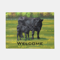 Black Angus Cow & Cute Calf in Summer Pasture