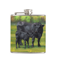 Black Angus Cow & Cute Calf in Summer Pasture