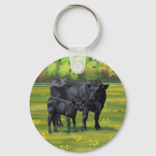 Black Angus Cow & Cute Calf in Summer Pasture Key Ring