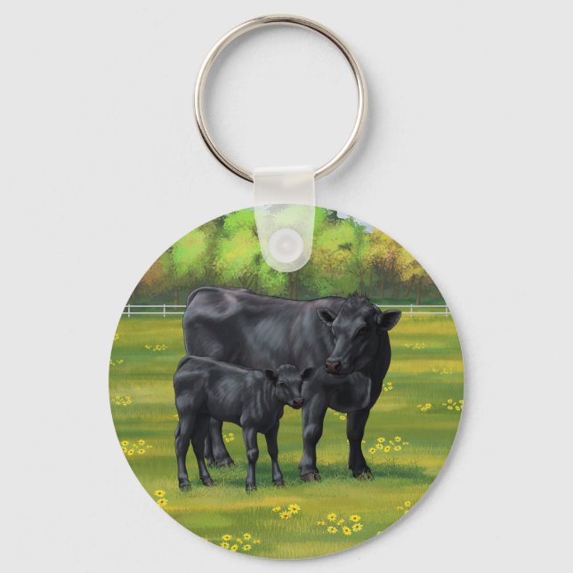 Black Angus Cow & Cute Calf in Summer Pasture Key Ring (Front)