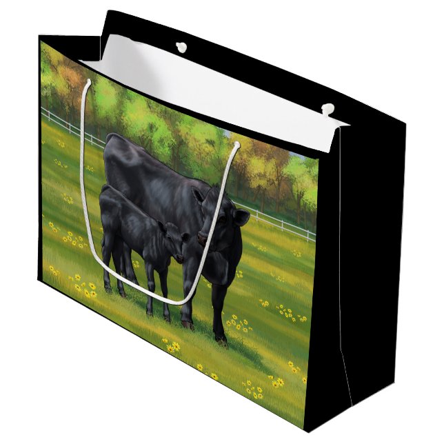 Black Angus Cow & Cute Calf in Summer Pasture Large Gift Bag (Front Angled)