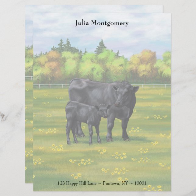 Black Angus Cow & Cute Calf in Summer Pasture Lett Custom Letterhead (Front/Back)