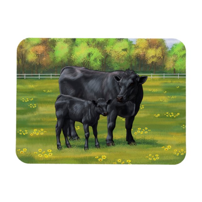 Black Angus Cow & Cute Calf in Summer Pasture Magnet (Horizontal)