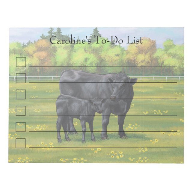 Black Angus Cow & Cute Calf in Summer Pasture Notepad (Front)