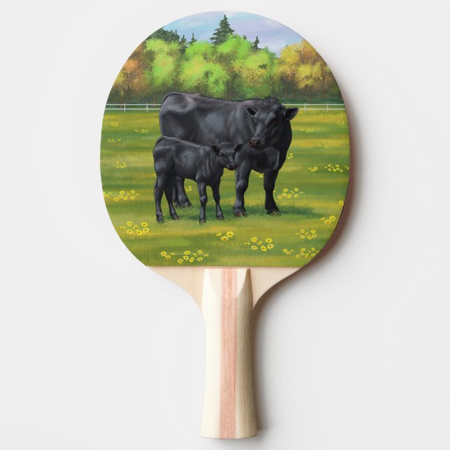 Black Angus Cow & Cute Calf in Summer Pasture Ping Pong Paddle (Front)