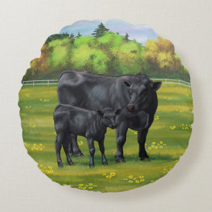 Black Angus Cow & Cute Calf in Summer Pasture Round Cushion