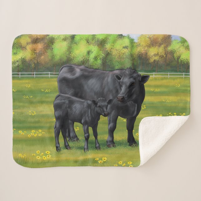 Black Angus Cow & Cute Calf in Summer Pasture Sherpa Blanket (Front (Horizontal))