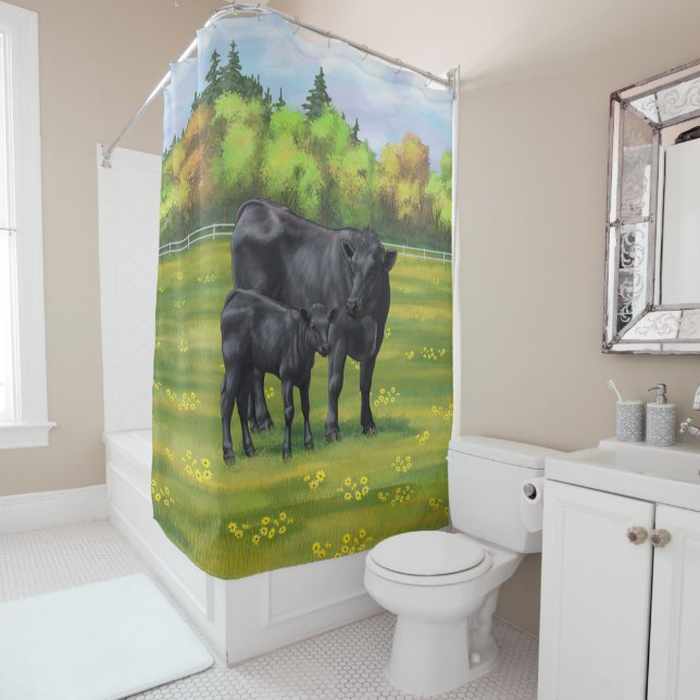 Black Angus Cow & Cute Calf in Summer Pasture Shower Curtain (In Situ)