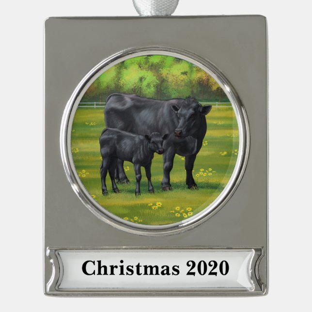 Black Angus Cow & Cute Calf in Summer Pasture Silver Plated Banner Ornament (Front)
