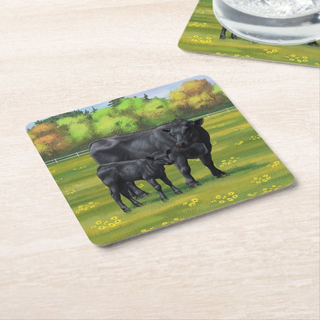 Black Angus Cow & Cute Calf in Summer Pasture Square Paper Coaster (Angled)