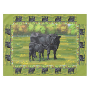 Black Angus Cow & Cute Calf in Summer Pasture Tablecloth
