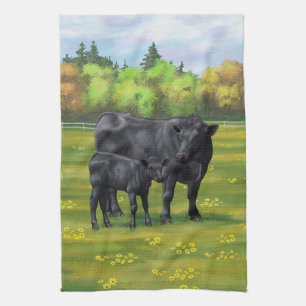 Black Angus Cow & Cute Calf in Summer Pasture Tea Towel