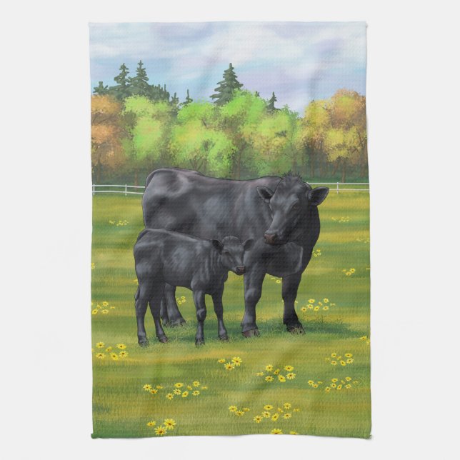 Black Angus Cow & Cute Calf in Summer Pasture Tea Towel (Vertical)