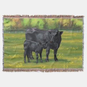 Black Angus Cow & Cute Calf in Summer Pasture Throw Blanket