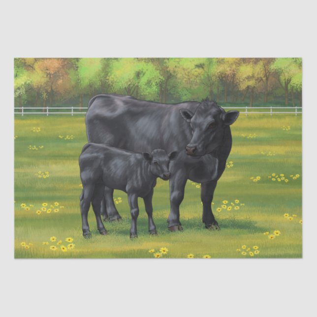 Black Angus Cow & Cute Calf in Summer Pasture Tissue Paper (Front)