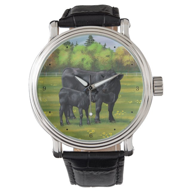Black Angus Cow & Cute Calf in Summer Pasture Watch (Front)