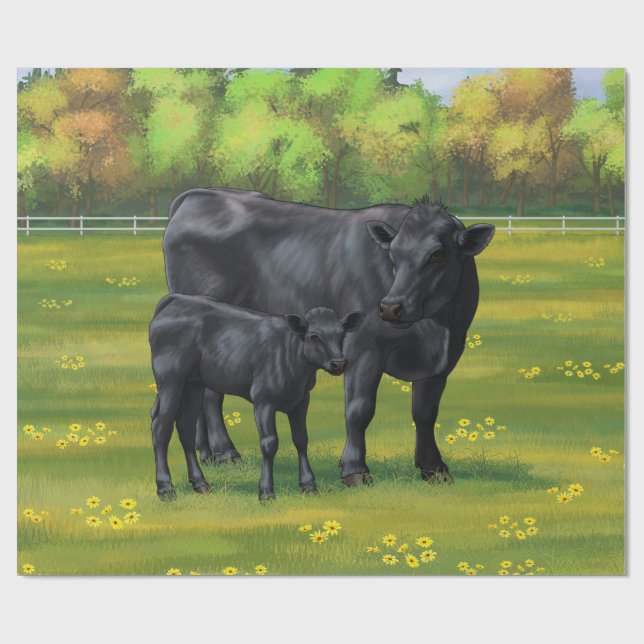Black Angus Cow & Cute Calf in Summer Pasture Wrapping Paper (Flat)