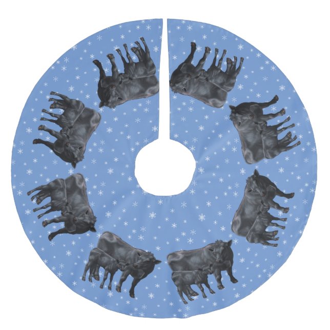 Black Angus Cow & Cute Calf Snowflakes Brushed Polyester Tree Skirt (Front)