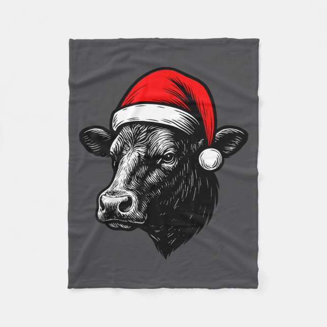 Black Angus Rancher Christmas Cow Santa Hat Farmer Fleece Blanket (Front)