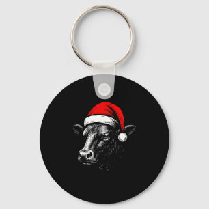 Black Angus Rancher Christmas Cow Santa Hat Farmer Key Ring