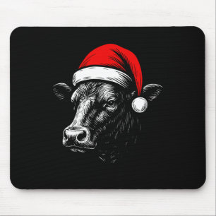 Black Angus Rancher Christmas Cow Santa Hat Farmer Mouse Pad