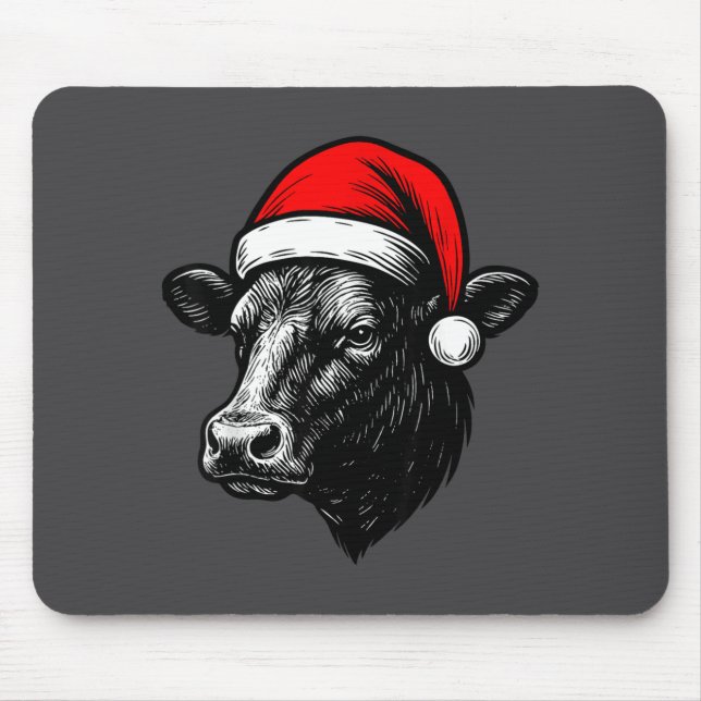 Black Angus Rancher Christmas Cow Santa Hat Farmer Mouse Pad (Front)