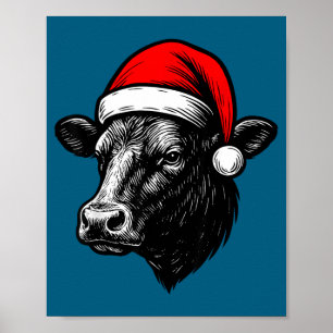 Black Angus Rancher Christmas Cow Santa Hat Farmer Poster
