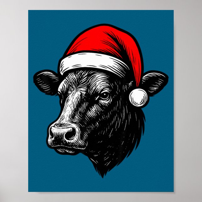 Black Angus Rancher Christmas Cow Santa Hat Farmer Poster (Front)