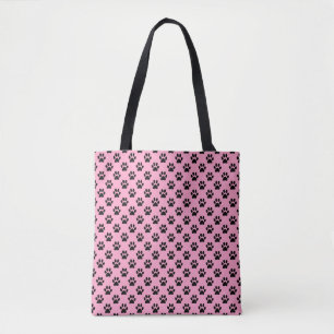 Black Animal Paw Prints on Carnation Pink Tote Bag