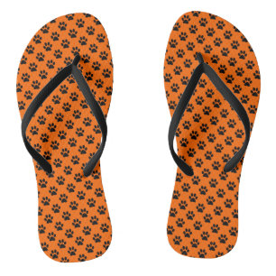 Black Animal Paw Prints on Orange Thongs