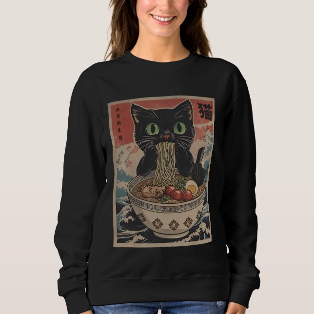 Black Anime Cat Ramen Noodles Japanese Funny Kawai Sweatshirt (Front)